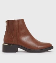 New Look Brown Leather-Look Zip Back Metal Trim Ankle Boots